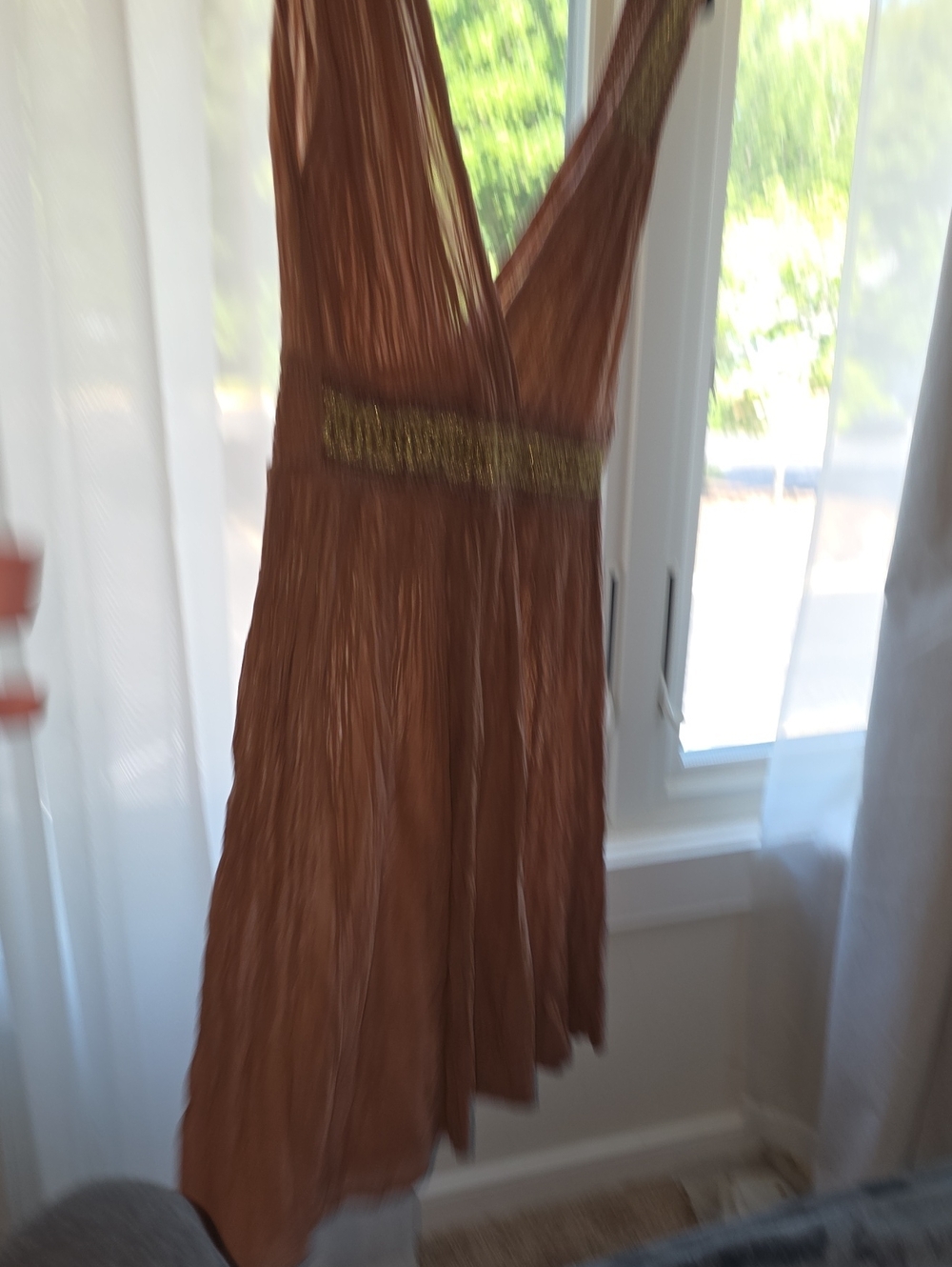 Brown Sleeveless V-Neck Dress with Gold Waist Detail